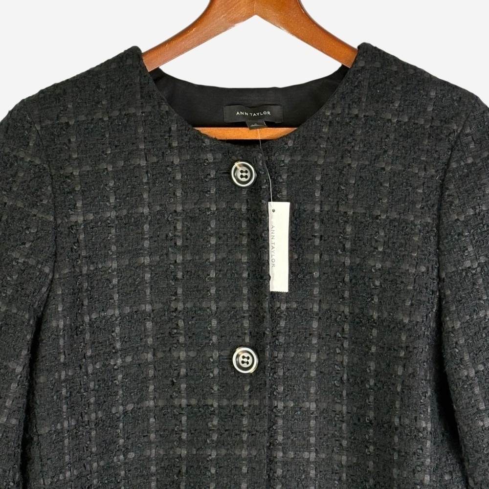 NWT Ann Taylor Black Windowpane Wool Blend Peplum Hem Coat • Size M • MSRP $169 - Picture 3 of 11